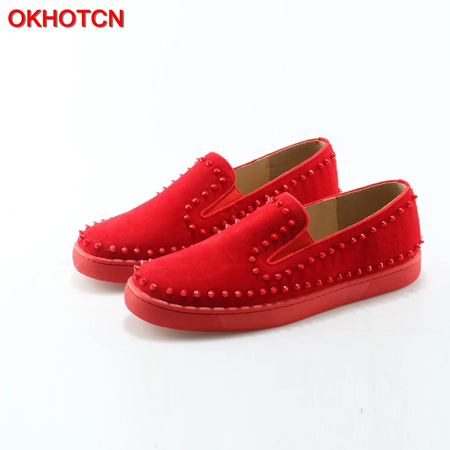 

OKHOTCN Handmade Fashion Mens Shoes Red Suede Rivets Round Toe Slip-on Flats Hot Style Popular Shoes Men Sneakers soft flats