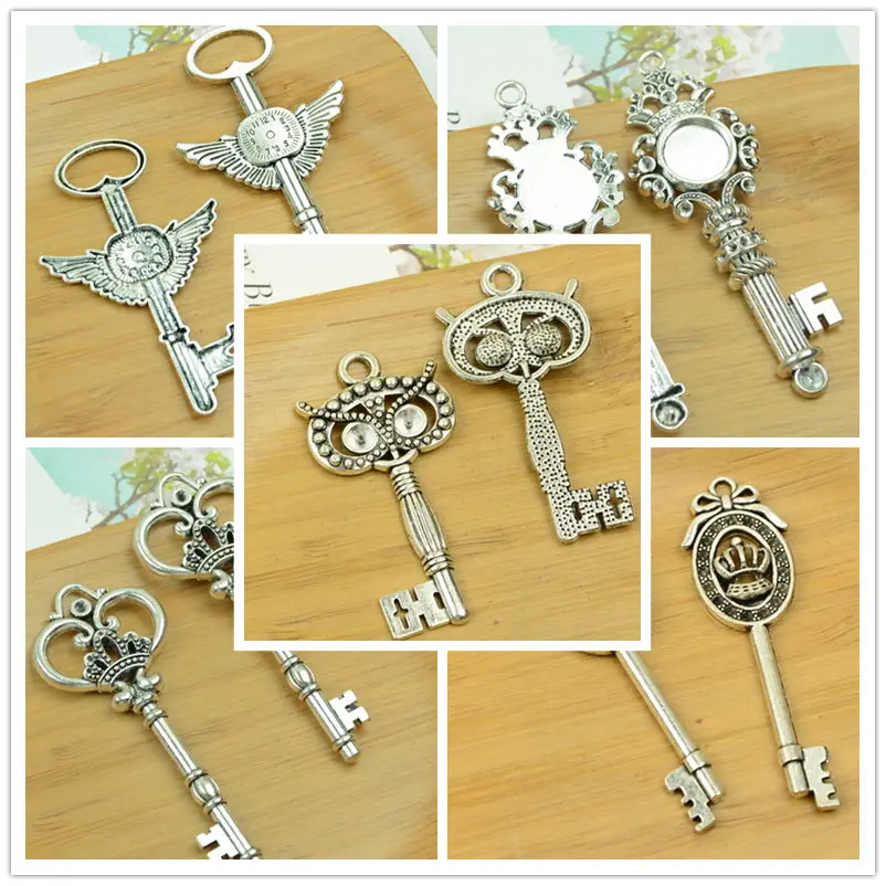 

vintage key DIY alloy pendant owl/butterfly/crown/collet carved shape lock fit charm jewelry accessories findings antique silver