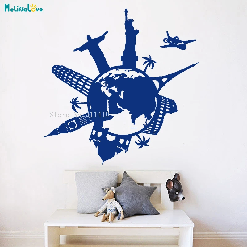 World Map Wall Sticker Wonder Travel Big Ben Statue of Liberty Home Decor For Living Room Removable Vinyl Art Decals YT889