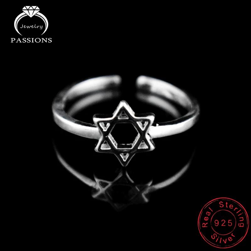 Wholesale Jewelry 925 Sterling Sliver Rings Hollow Six Point Star Rings For Women&Girl Resizable Vintage Style Bague Ring Gifts