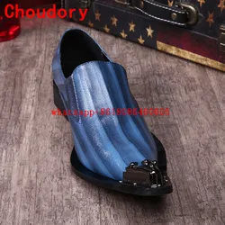 Men dress shoes luxury brand black leather blue spiked loafers slip on mens pointy shoes oxford classic wedding formal shoes