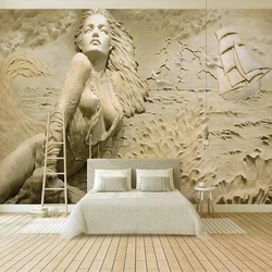 European Gold 3D Embossed Seaside Sexy Beauty Mural Wallpaper For Walls 3 D Living Room TV Background Decorative Wall Covering