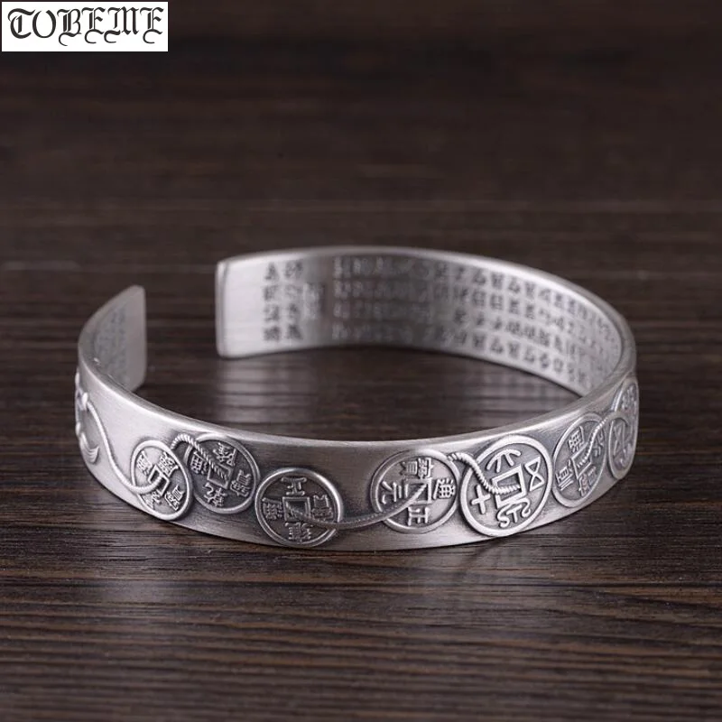 

Handmade 100% 999 Silver Good Luck Bracelet Lucky Coin Symbols Bracelet Pure Silver Women Cuff Bracelet Buddhist Heart Sutra