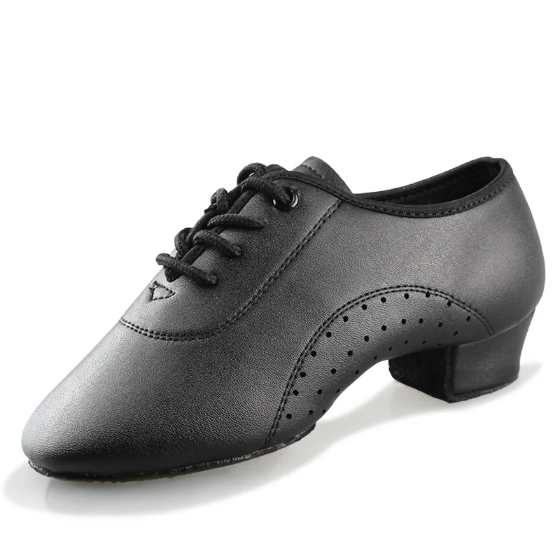 Latin Dance Shoes Boy Men Professional Leather Latin Shoes Black for Kids Low-heeled