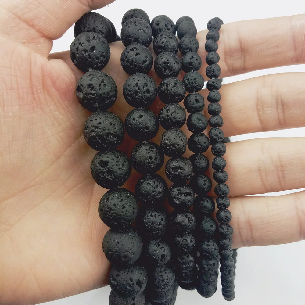 WLYeeS Wholesale black lava natural stone beads round loose bead 4 6 8 10 12mm ball for jewelry bracelet necklace making DIY 15\'
