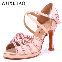 Wuxijiao-sapatos de dança latina com strass brilhante, vermelho, flash, pele negra, cetim, feminino, sapatos de festa, salão, câmara de salão, salto de 9cm