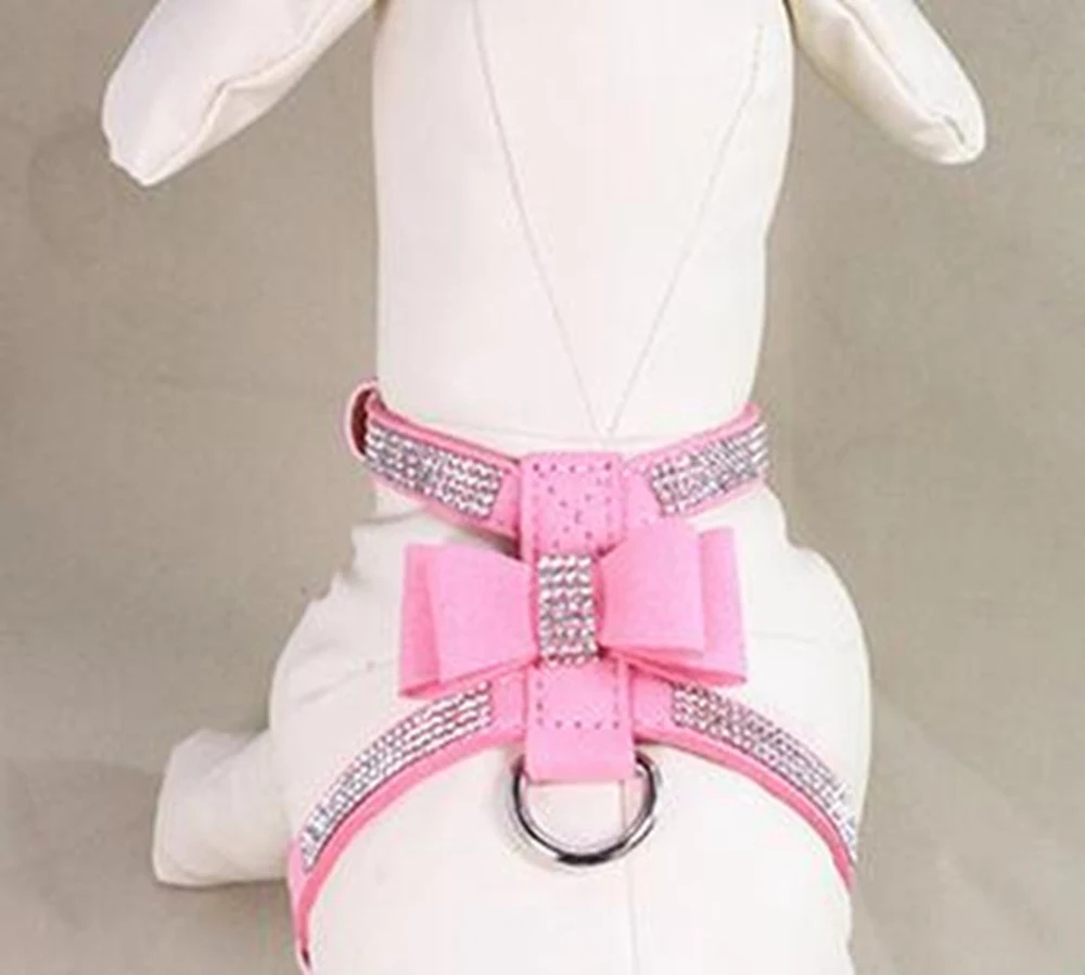 Soft PU Leather Bowknot Dog Harness Bling Rhinestones for Small Medium Dogs S-L