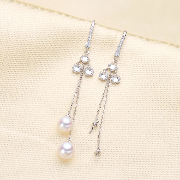 Shinning Drop Earrings Settings For Double Pearl Beads S925 Silver Earrings Holder Women DIY Earrings Jewelry Accessory 3Pairs