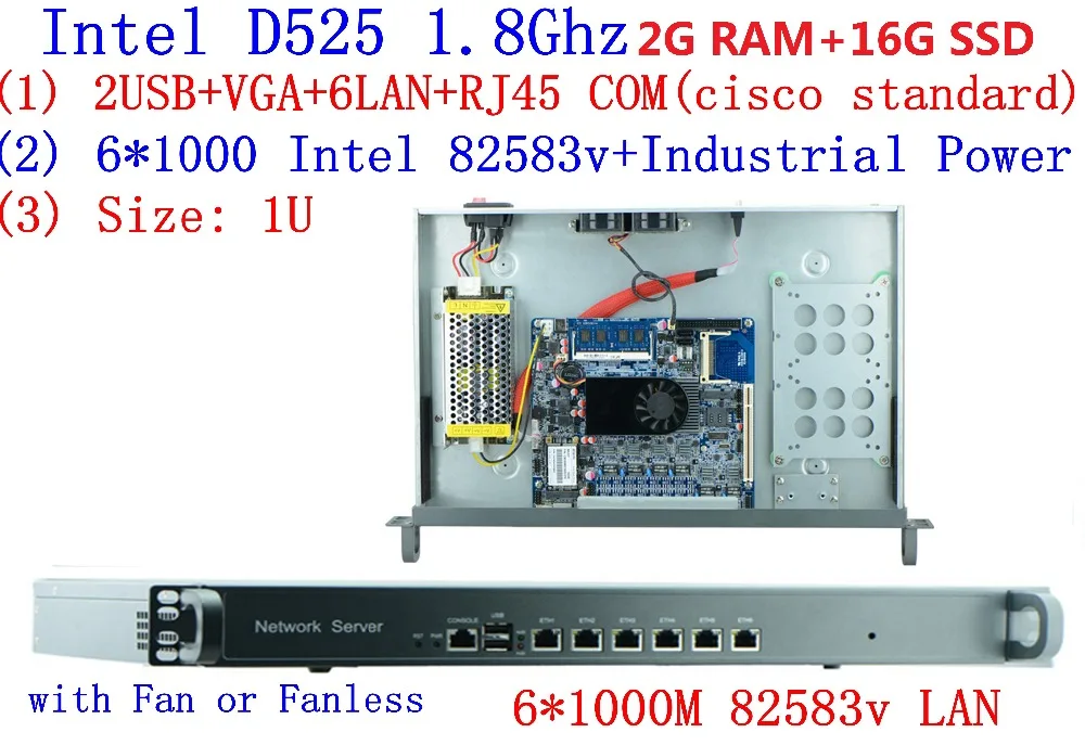 D525 1,8 Ghz mit PCI-E 1000 Mt 6*82583 v 1U server Ros hirouters Wayos für ros panabit hirouters firewall server RAM 2G 16G SSD