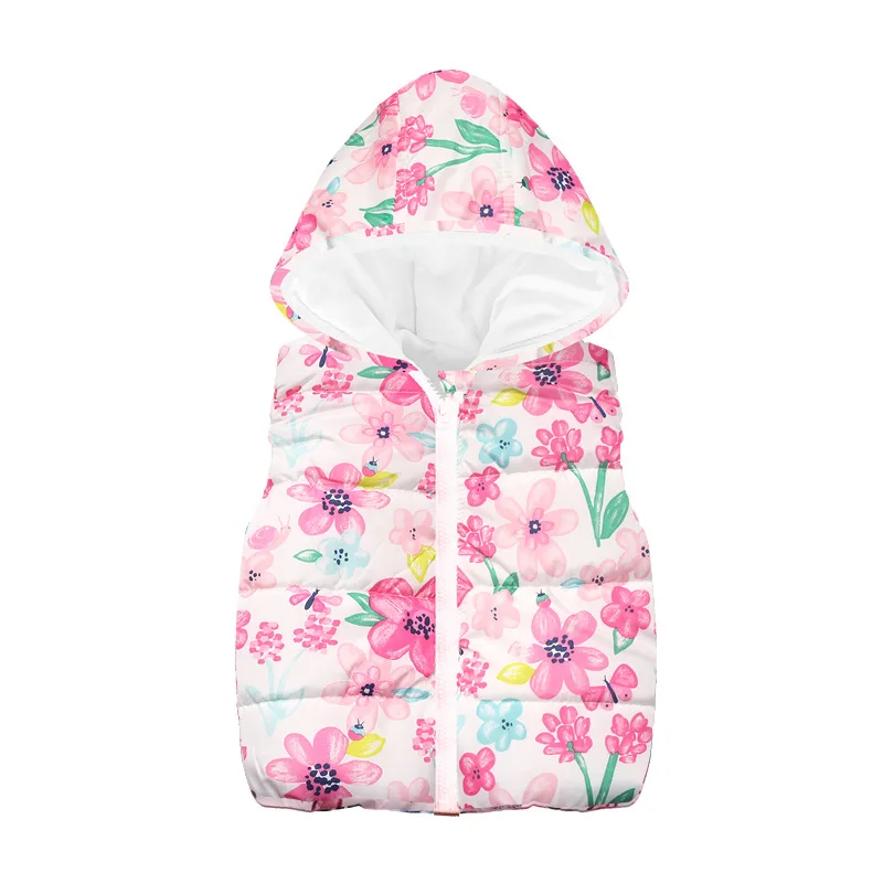 Pink Flower Baby Girls Vests Children Waistcoat Clothes Girl Sleeveless Jacket Coat Kids Tops Hooded Overcoat Fleece Outfit 2-7Y