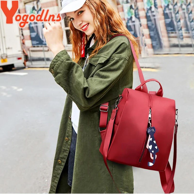 Yogodlns Women Backpack New Fashion Oxford Bag Solid Color Travel Backpack Ladies Small Backpack With Cat Pendant