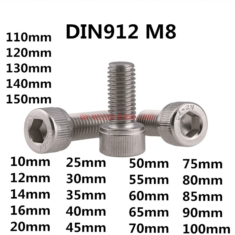 DIN912 M8 Metric Thread 304 Stainless Steel Hex Socket Head Cap Screw Bolts M8*(10/12/14/16/20/25/30/35/40/45/50/55/60~150) mm