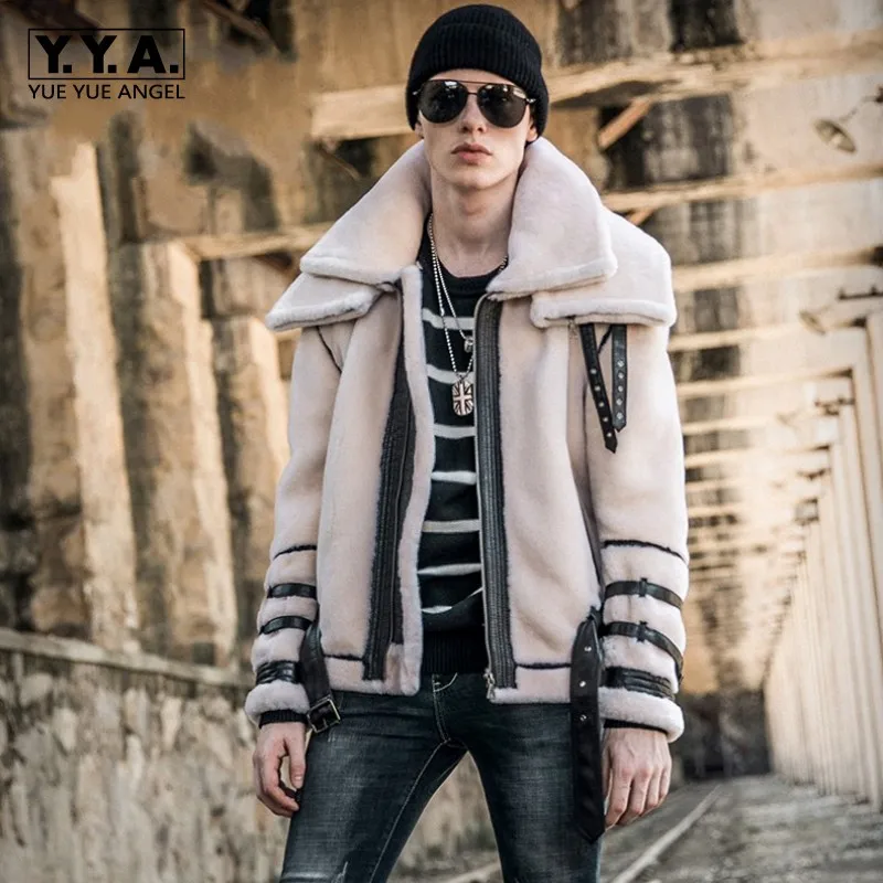 Top Quality Mens Winter Lamb Wool Motorcycle Jacket Thick Sheep Real Fur Coat Male Plus Size Shearling Biker Overcoat Punk Coats