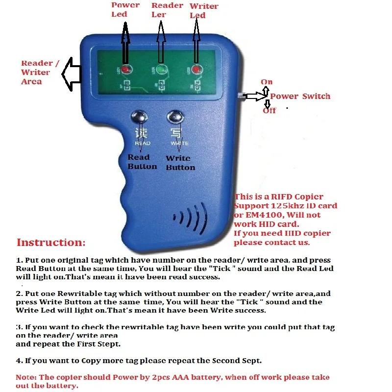 휴대용 125KHz RFID ID EM4100 카드 리더 및 라이터 복사기 프로그래머 장치, 5 무료 EM4305 T5577 재기록 가능 태그