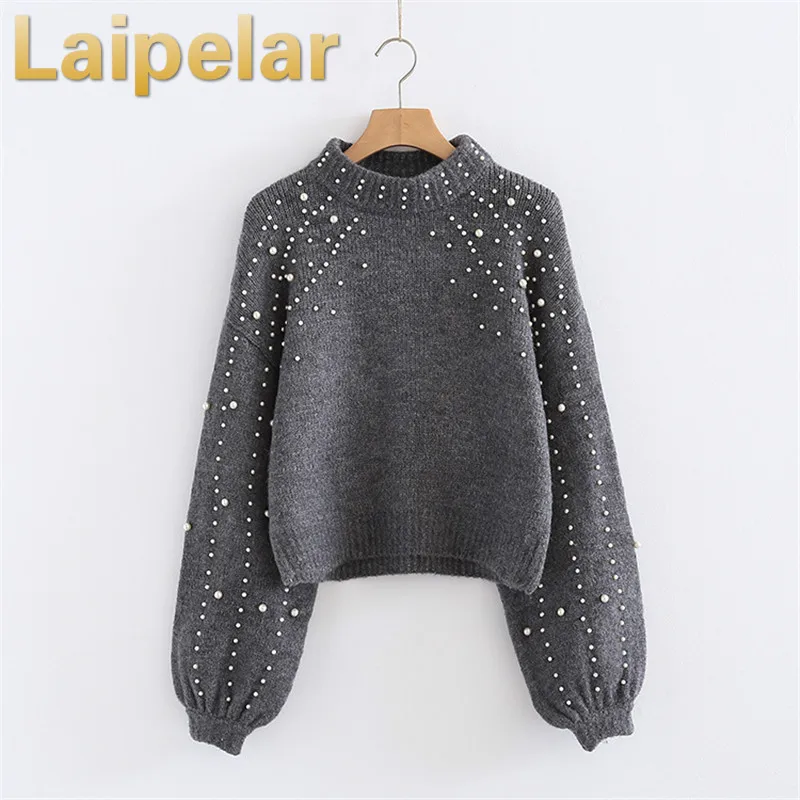 Laipelar Winter Spring Women Pullover Sweaters Grey Elegent Pearl Beaded Rib Knit Jumper Stand Collar Long Sleeve Tight Sweater