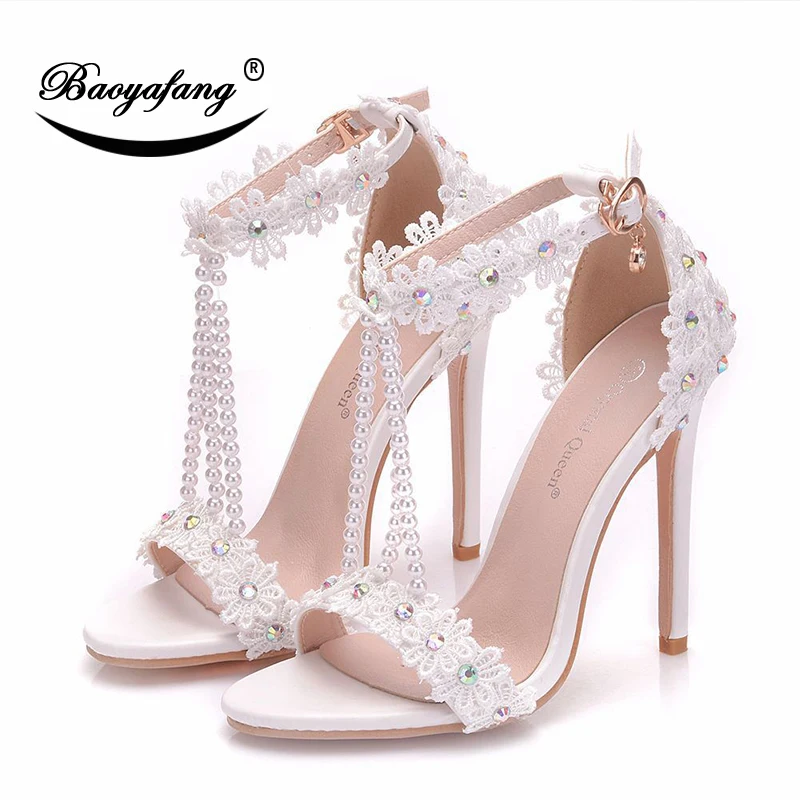 BaoYaFang New Summer Sandals Sweet Ankle strap White Lace Flower shoe 9cm Heel Pointed Toe Wedding shoes female Bride dress shoe