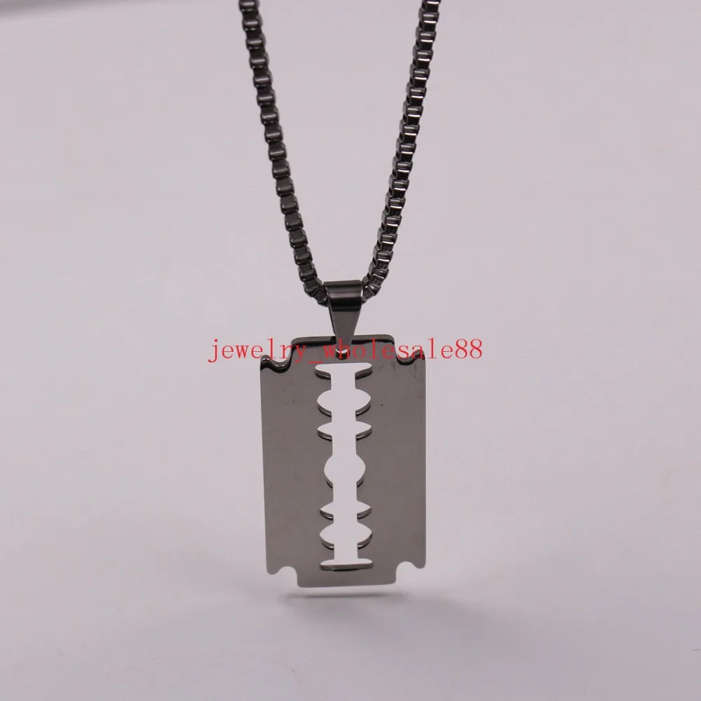 High Polished  Stainless Steel Razor Blade Dog Tag Pendant 2.4mm Box chain necklace Unisex Men boy 24inch