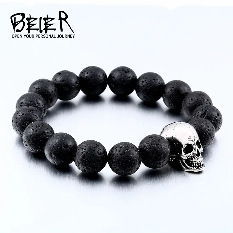 BEIER Pulseira Masculina Black Lava Stone men Jewelry natural stones skull Charm bracelet bangle Punk rock  jewelry HSS005