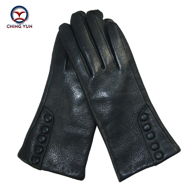 CHINGYUN Nuevos Genuino de Las Mujeres Del Brazo de la manga Espesar Arco Guantes de Cuero Otoño Invierno Moda para Mujer A Estrenar Negro de Cuero