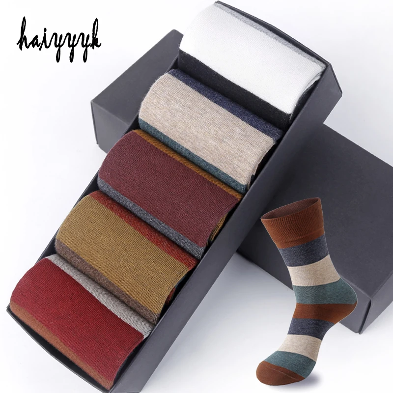 Men's Combed Cotton Socks Fashion Colorful Large Stripe Harajuku Four Seasons Casual Socks Men Size 39-44 5Pair/Lot