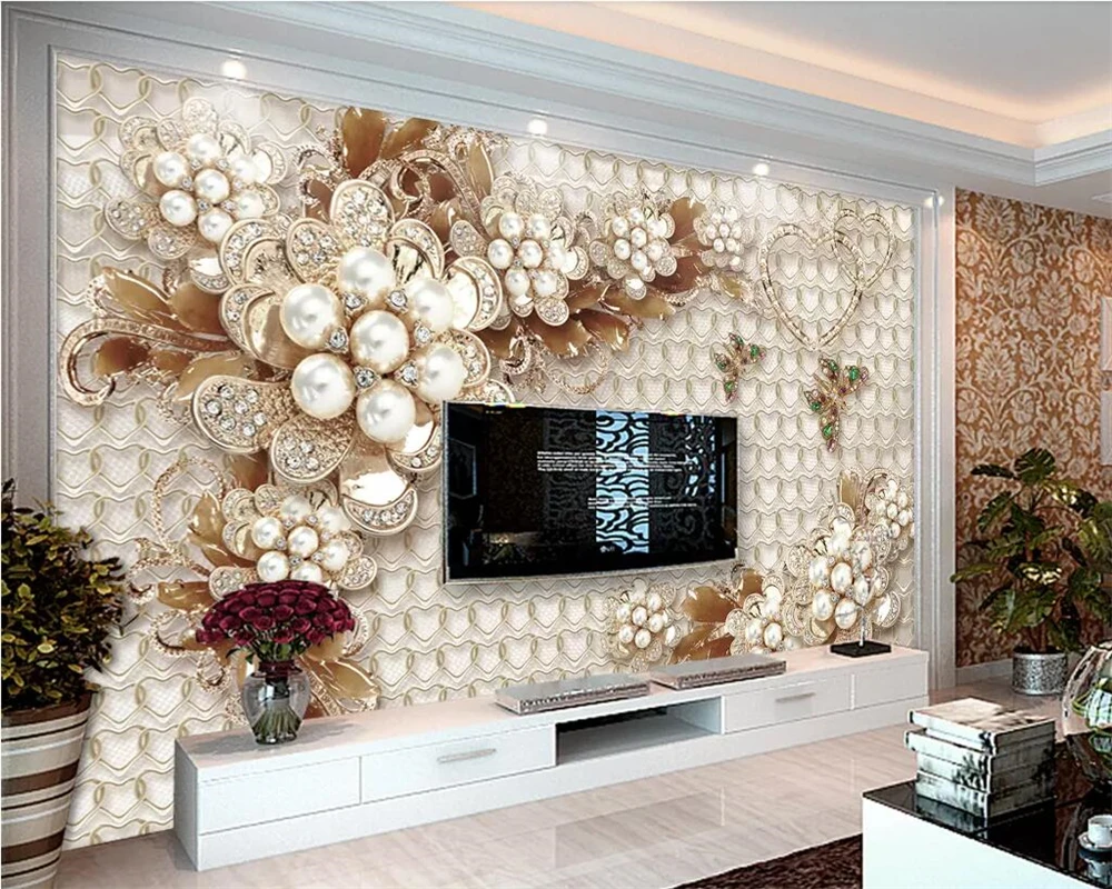 

Custom wallpaper luxury jewelry flowers embossed 3d living room TV background home decoration background 3d wallpaper