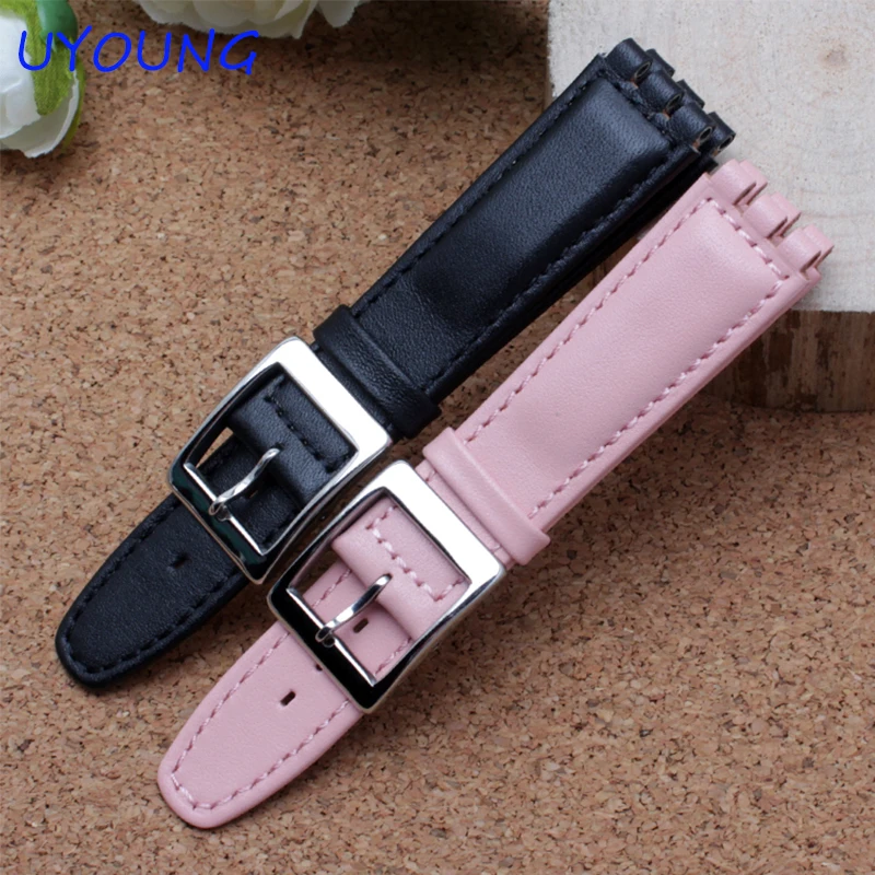 High Quality 17mm 19mm Waterproof Genuine Leather Watch Strap Band Black Brown White With Clasp for swatch wathcband