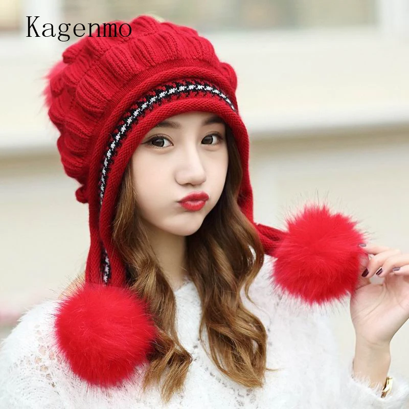 Kagenmo Hat Female Winter Knitted Hat Knitted Hat Casual All-Match Sweet Rabbit Fur Knit Female Hat Warm Winter Knitting Caps