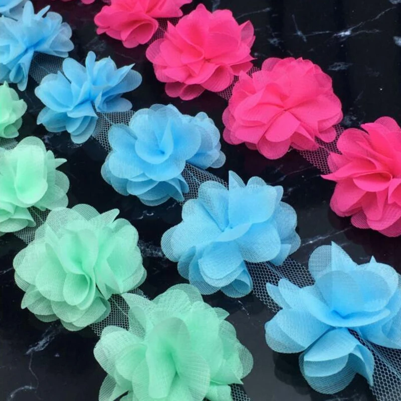 1 YD Multicolor Flowers 3D Petals Chiffon Leaves Trim Wedding Dress Bridal Lace Fabric Doll Children\'s Clothing Applique Sewing