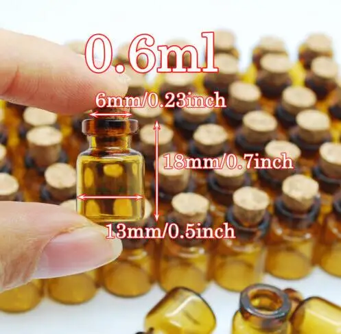 

500pcs 13*18*6mm Wholesale Mini Brown Glass wishing Bottle With Cork stopper Empty Tiny Glass Vials Jars Small party Gift Bottle