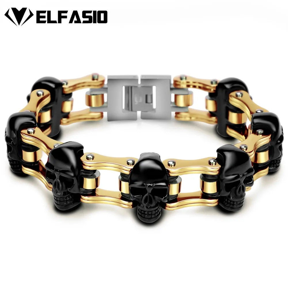 

Elfasio 19mm/22mm Boys Mens Friendship Chain Skulls Link Biker Motorcycle Link 316L Stainless Steel Bracelet Fashion Jewelry