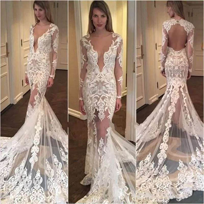 Abito da sposa Sexy in pizzo senza schienale con scollo a v manica lunga 2021 ultimi abiti da sposa a sirena abiti formali De Noiva