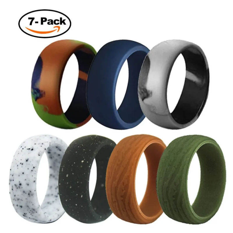 8.7mm 7pcs/set FDA Men Camouflage Bark Pattern Silicone Ring Environmental Sport Non-Toxic Antibacterial Wedding Ring Size 7-14