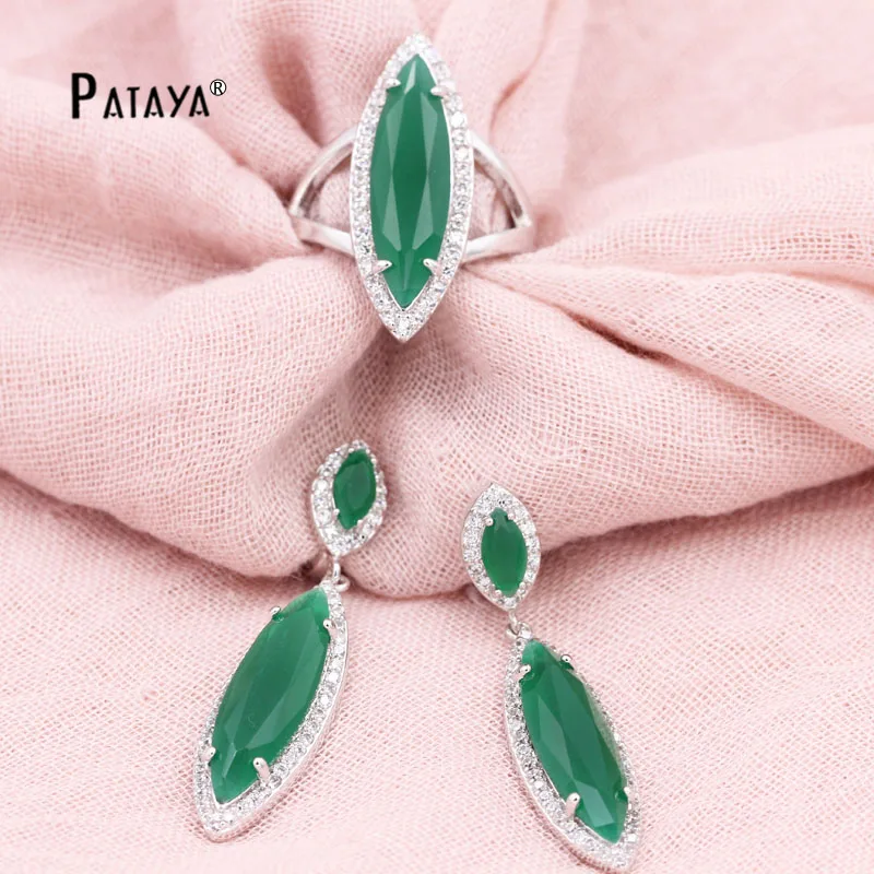 PATAYA Green Jewelry Sets True White Gold Color Natural Zircon Big Earrings Ring Fine Weddings Accessories Bride Jewelry Set