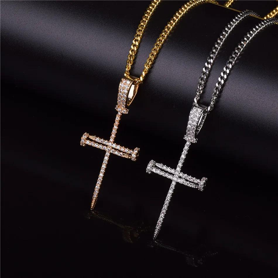 Bubble Letter Nail Cross Pendant Gold Color Copper Material Iced Rock Street Necklace Chain Fashion Hip Hop Jewelry