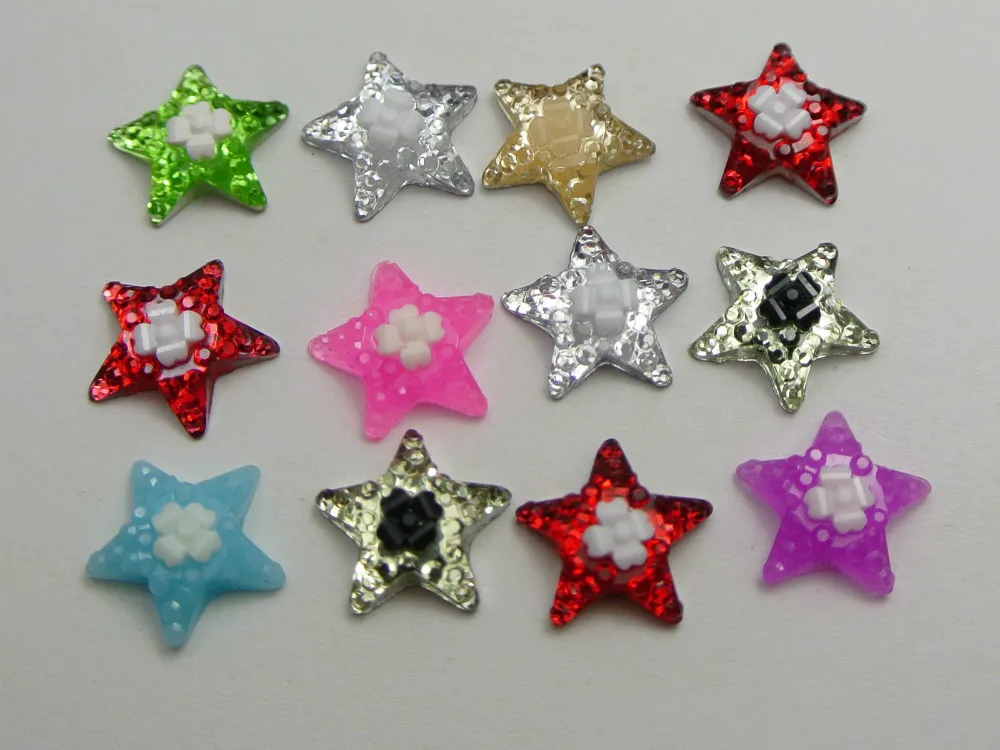 100 Mixed Color Flatback Resin Star Cabochons 12mm Flower Top