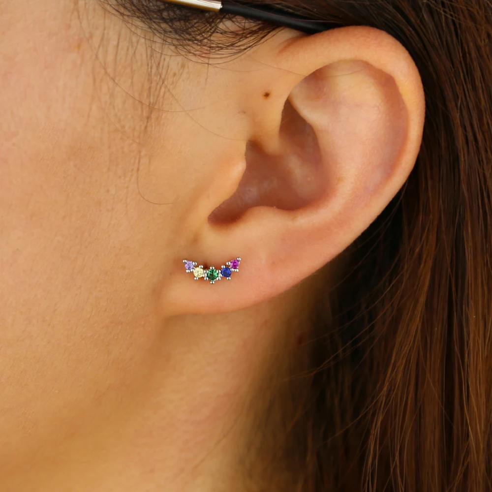 rainbow cz cluster small stud earring for girl minimal delicate colorful fashion jewelry