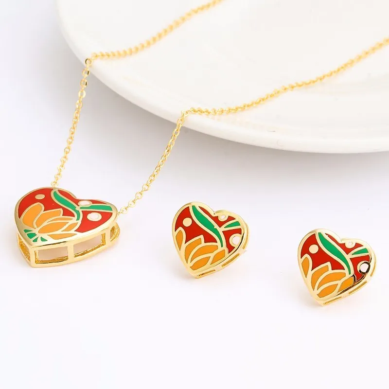 R&X Dubai Fashion Joias Ouro  Girls Engagement Gift Bridal Jewelry Sets Necklace/earrings Heart Sieraden Fine Costume Jewelry