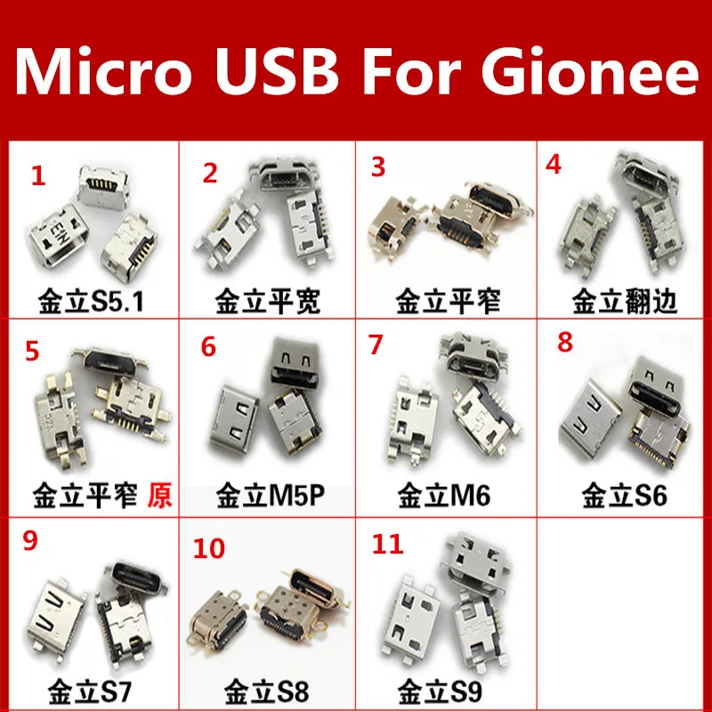 11 models USB Jack Micro USB Charging Socket Port Connector For Gionee S5 S6 S7 S8 GN8001 GN9010 M5plus W909