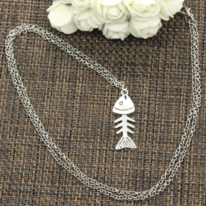 New Fashion Fish Bone Pendants Round Cross Chain Short Long Mens Womens DIY Silver Color Necklace Jewelry Gift