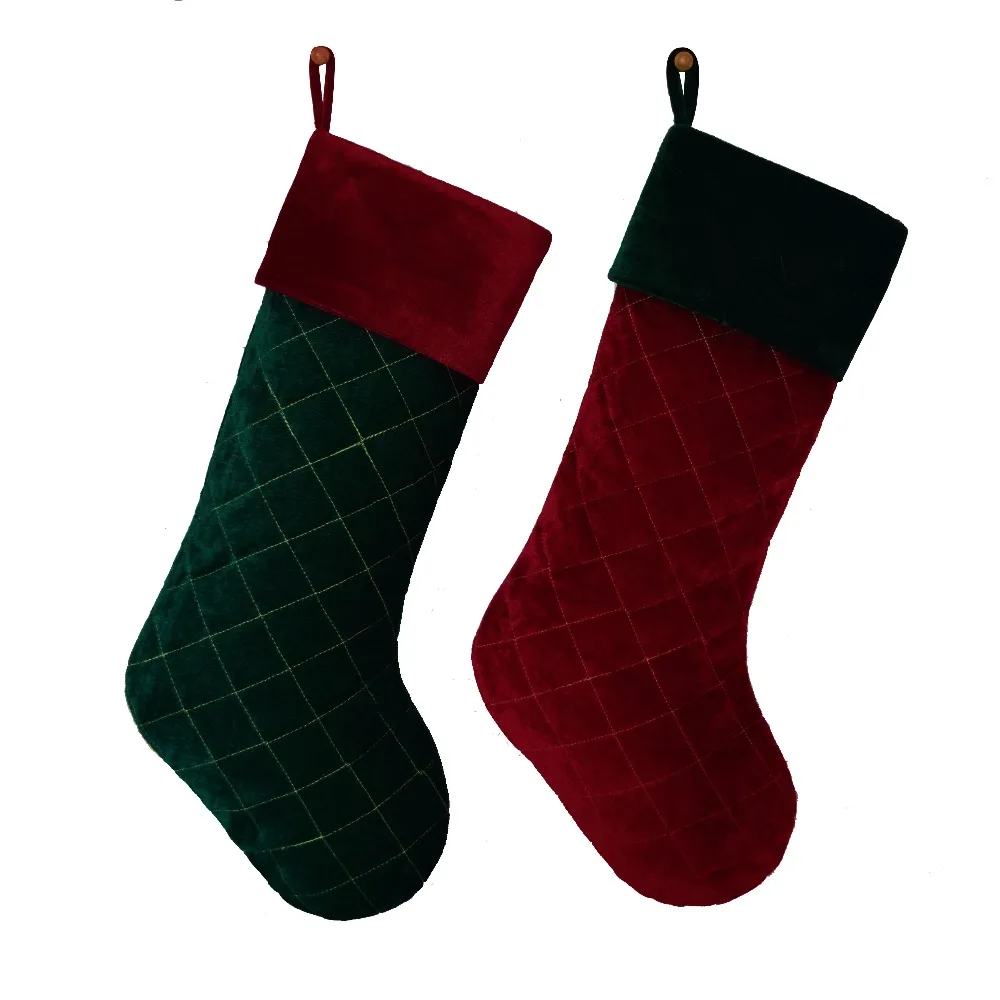 

New arrivel Set of 2 pcs Red & Green Velvet Stocking Diamond Quilted Embroidery decoration Socks Christmas stocking P7922