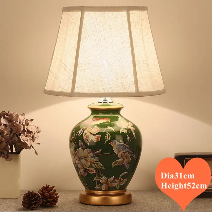 Chinese rural green flower&bird ceramic Table Lamps traditional Dimmer/Touch switch fabric E27 LED lamp for bedside&foyer MF016