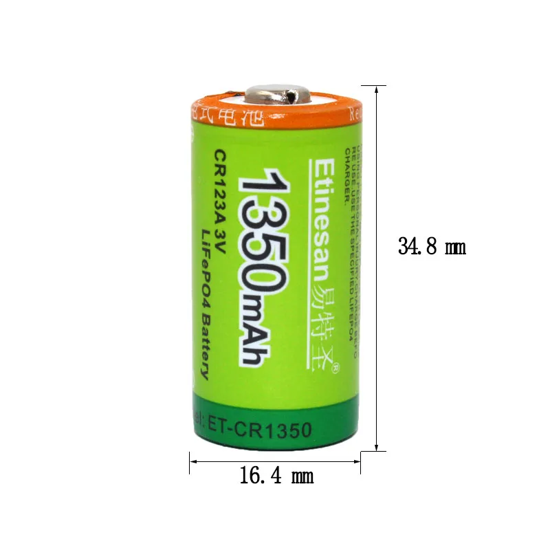 Etinesan 3V 1350mAh CR123A CR 123A LiFePo4 Li-ion Rechargeable Battery with 10A Discharge Current for Flashlight Toys