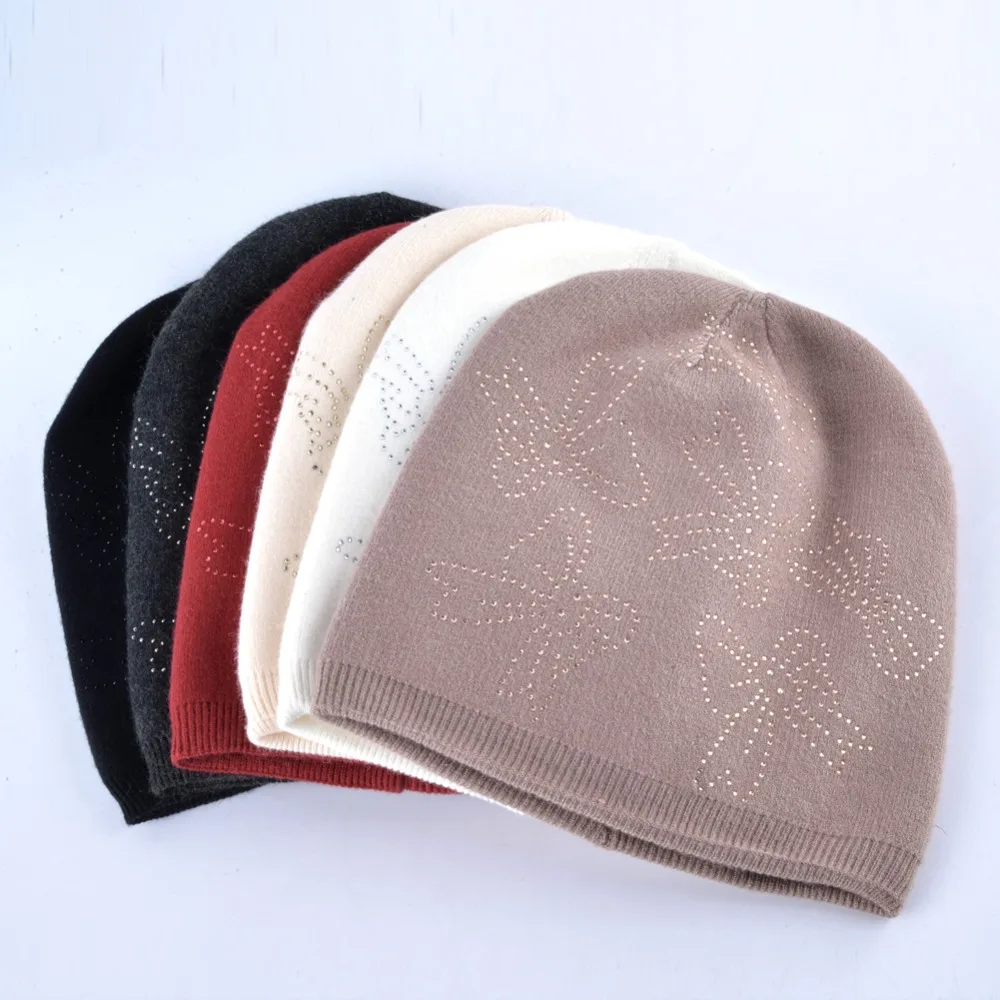 Autumn Winter Beanie Hats For Women Knitted Rabbit Wool Beanies Female Rhinestone Butterfly Bonnet Hat Ladies Outdoors Skullies