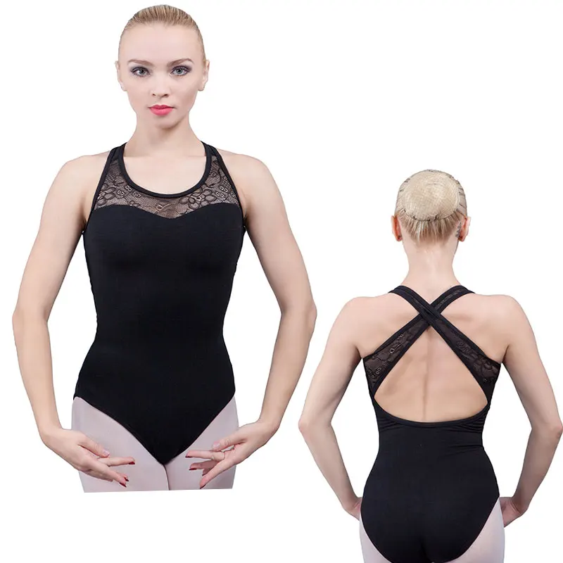 Halter High Neck Leotards for Women Ballet Dancing Black Cotton Lycra Dance Leotard with Crisscross Lace on Back Dancewear