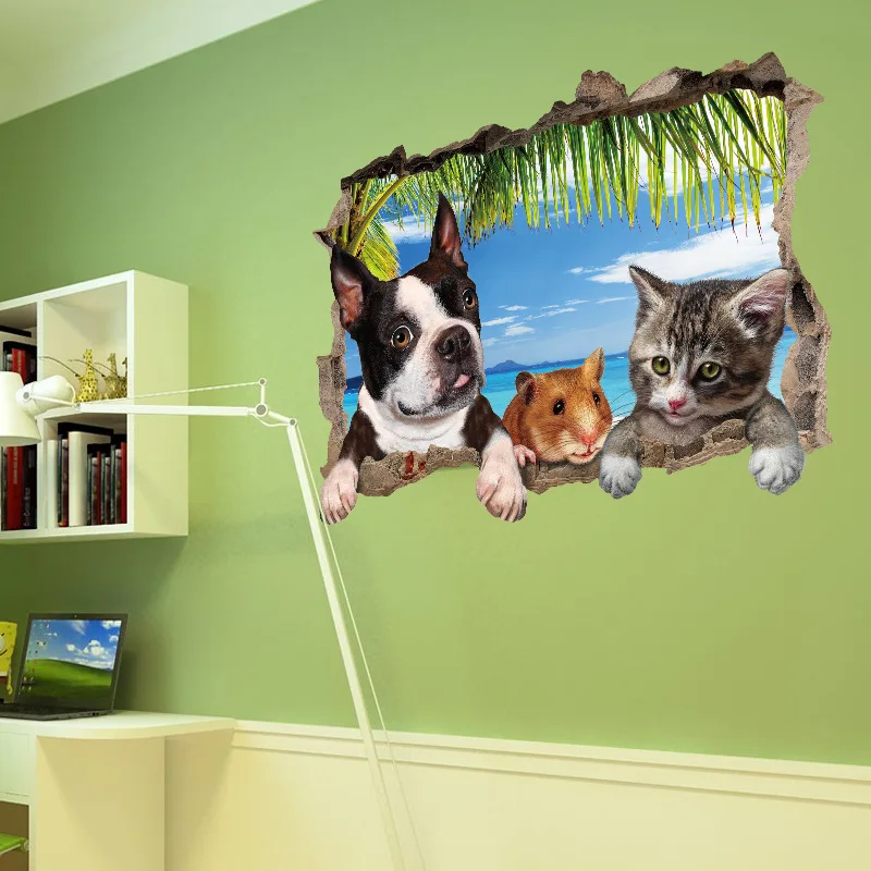 3D Cat Dog Hamster Animal Scenery Wall Stickers For Kids Rooms Living Room Decoration Mural Home Decor Stickers Decals Wallpaper