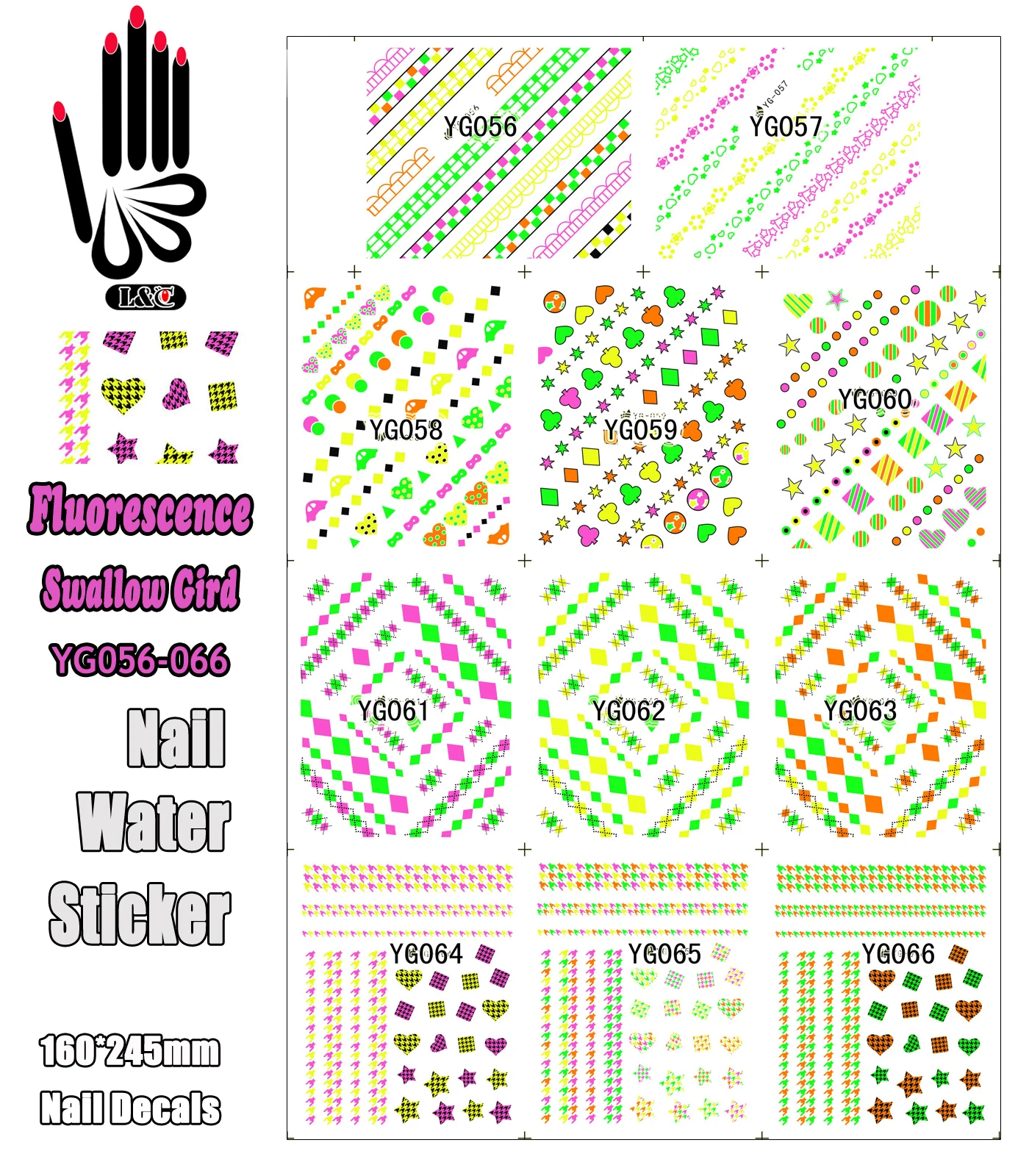 11 Sheets/Lot Nail Water YG056-066 Fluorescence Mixed Gird Designs Nail Art Sticker Water Manicure Decals(11 DESIGNS IN 1)