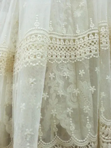 Ivory Lace Fabric, Vintage Embroidered Tulle Lace Fabric Home Decors