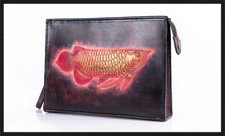 Handmade Men Vegetable Tanned Leather Carvings Dragon Carp Bag Money Holder Clutch Purse Cigarette Pocket Man Clutches