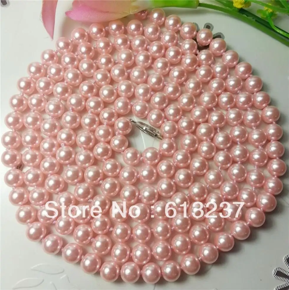 Hot sale diy long 8mm pink shell simulated-pearl round beads rope chain necklace for women free shipping jewelry 60inch MY3325