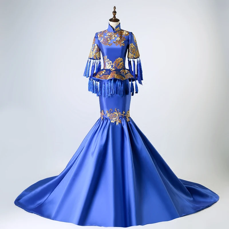 100%real masquerade royal blue golden embroidery pattern traditional cosplay court drama long dress stage/stuido Gown queen